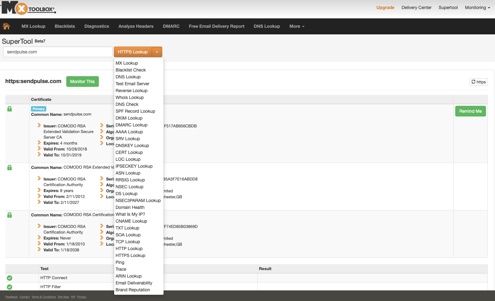 Интерфейс сервиса MXToolbox для проверки настроек домена