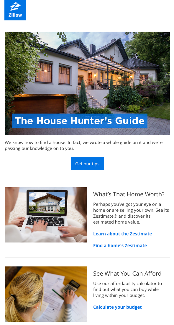 Email with tips from Zillow