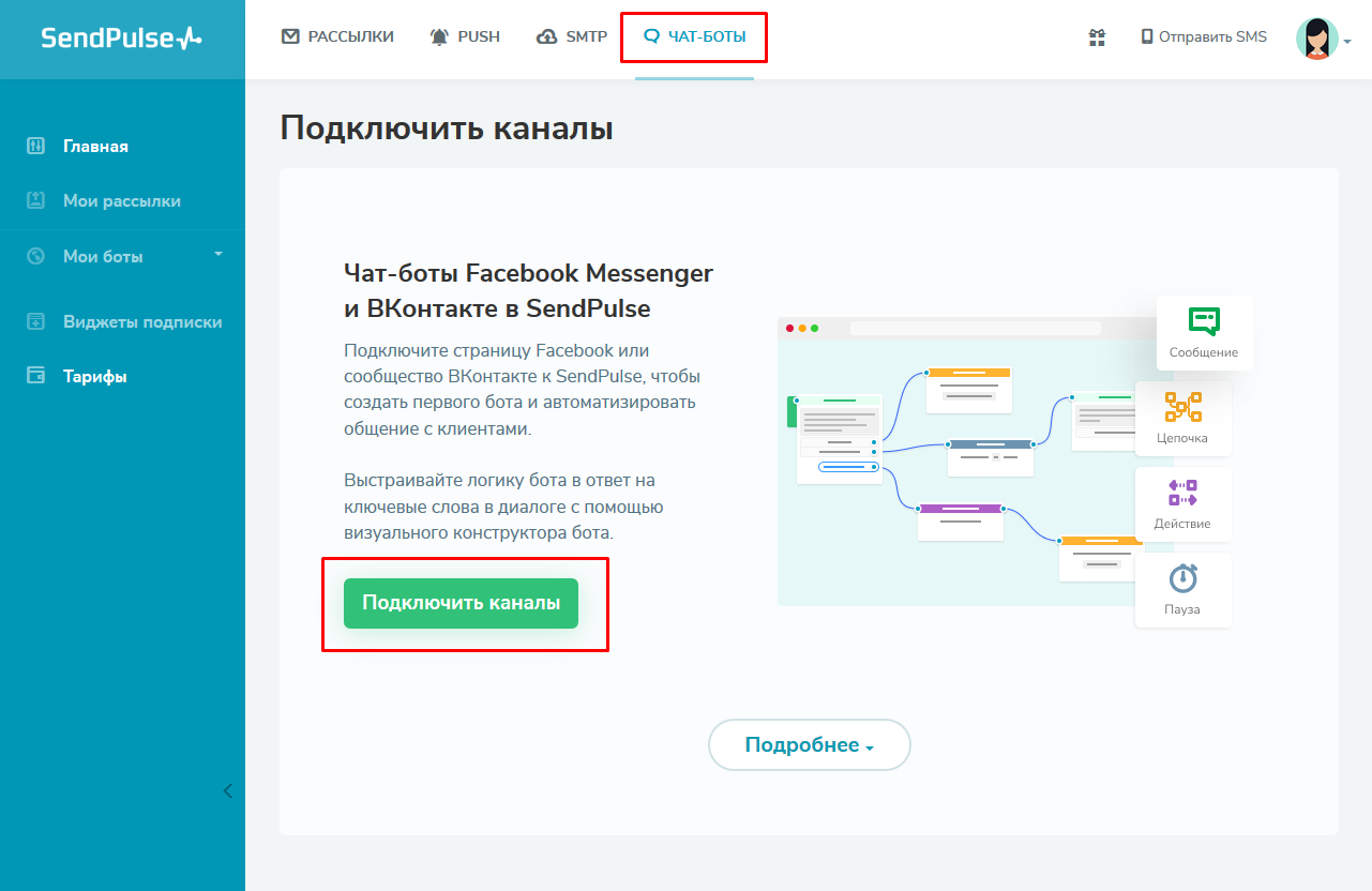 Подключение нужных каналов в разделе «Чат-боты»