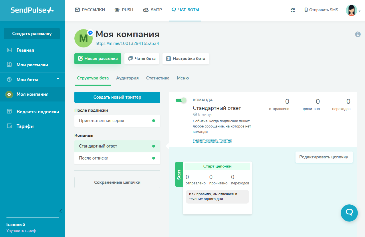 Можно начинать настройку бота или отправку рассылок