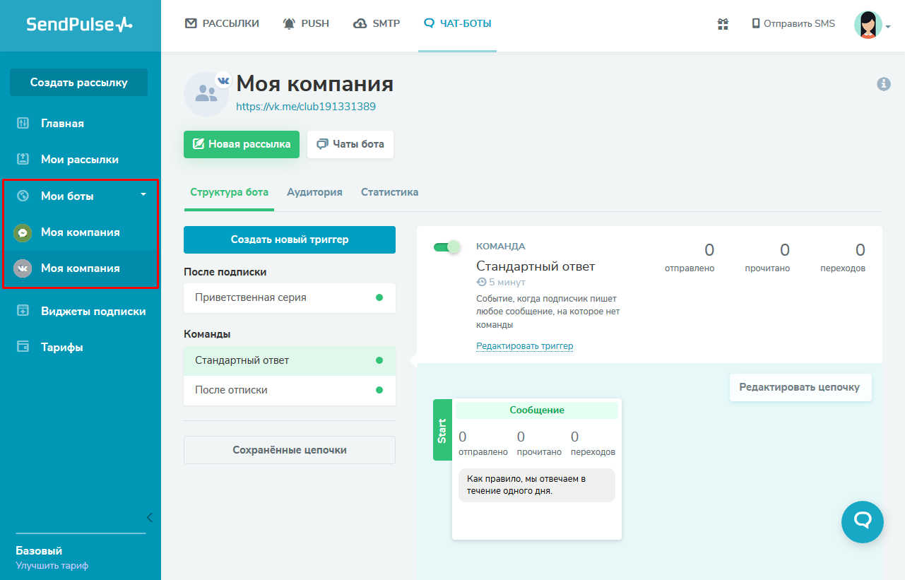 Все созданные боты отображаются в левом меню в разделе «Чат-боты»