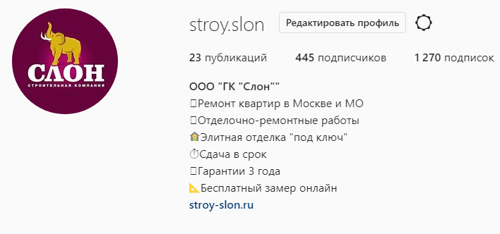 Пример аккаунта со списком основной деятельности в описании