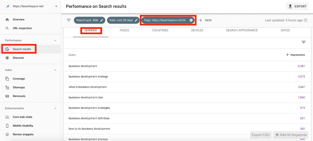 Search Console with a list of terms for a page