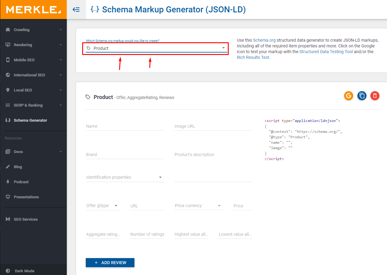 Переход в выбор типа данных в генераторе микроразметки