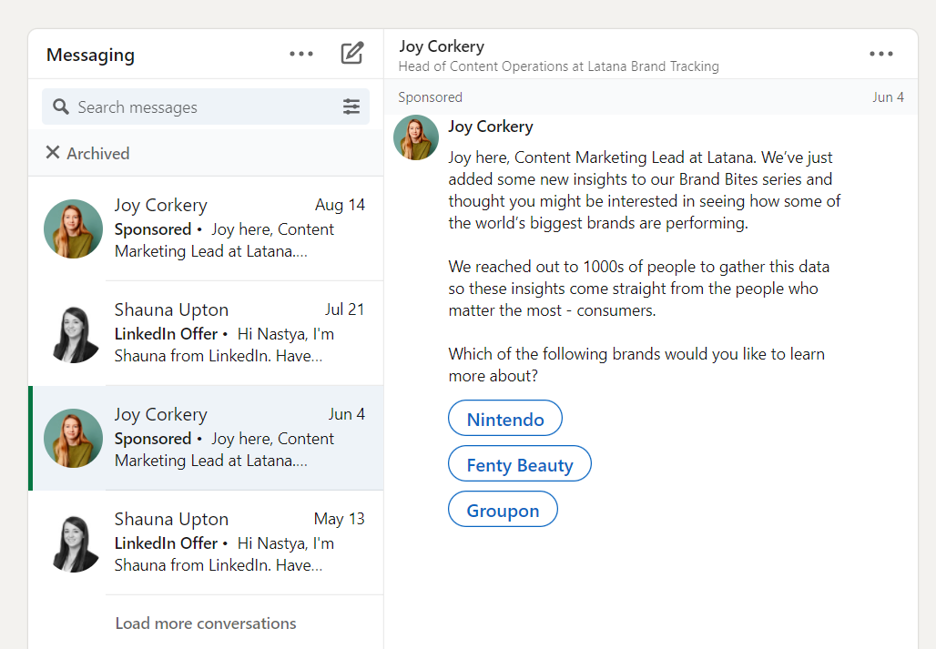 Sponsored messaging on LinkedIn