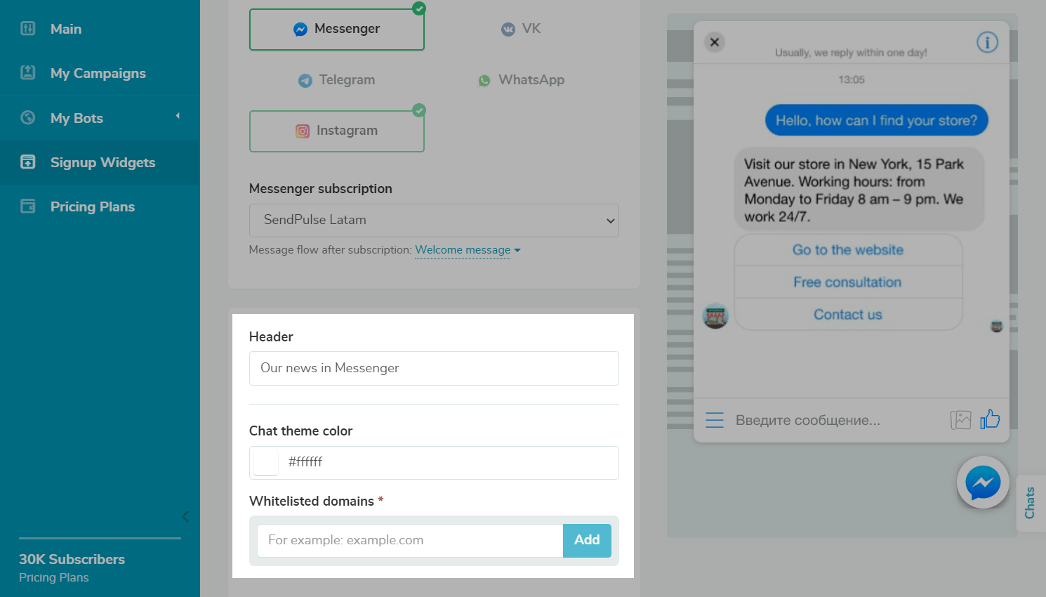 Settings for a chat widget