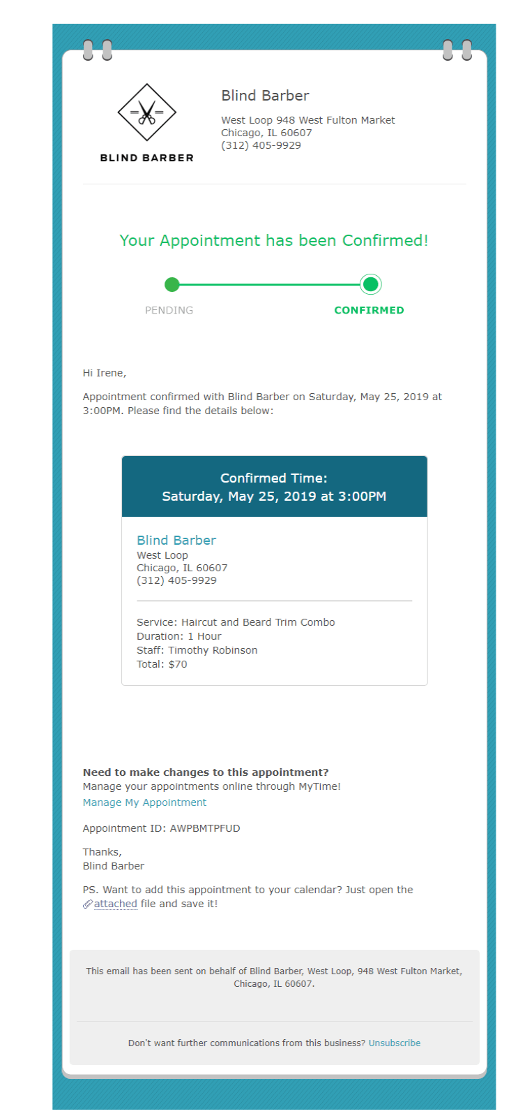 Booking confirmation email Booking confirmation email