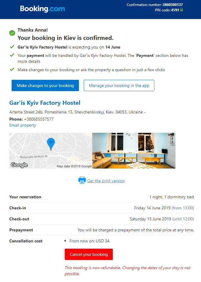 Booking confirmation email Booking confirmation email