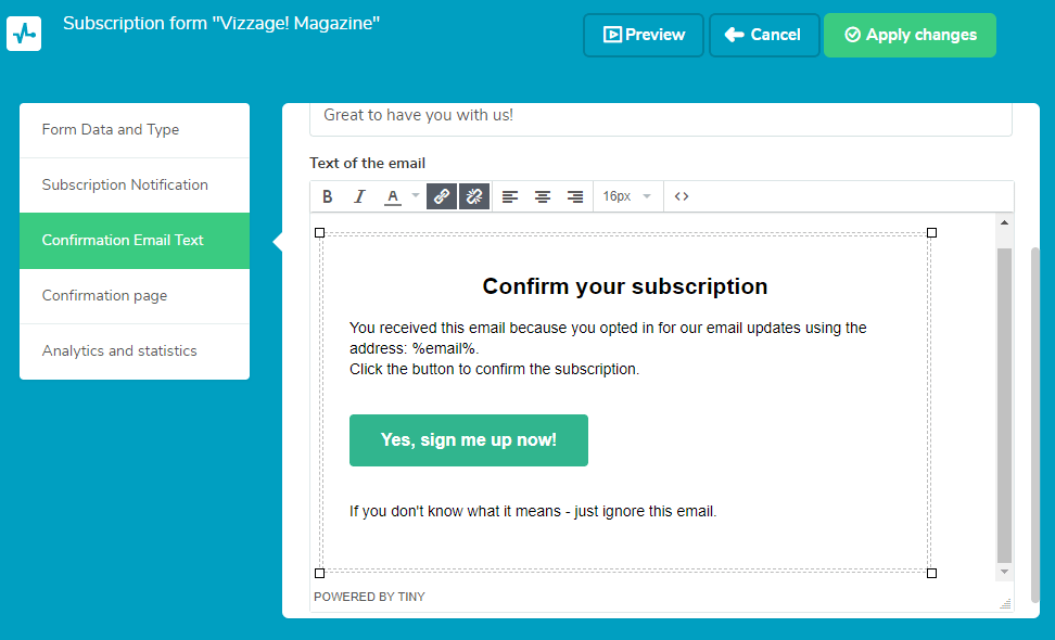 Default confirmation email with a link Default confirmation email with a link