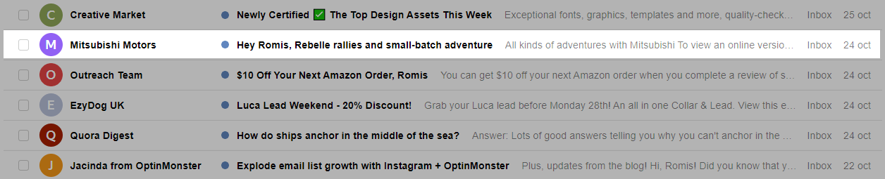 Mitsubishi's subject line personalized with a user name Mitsubishi's subject line personalized with a user name