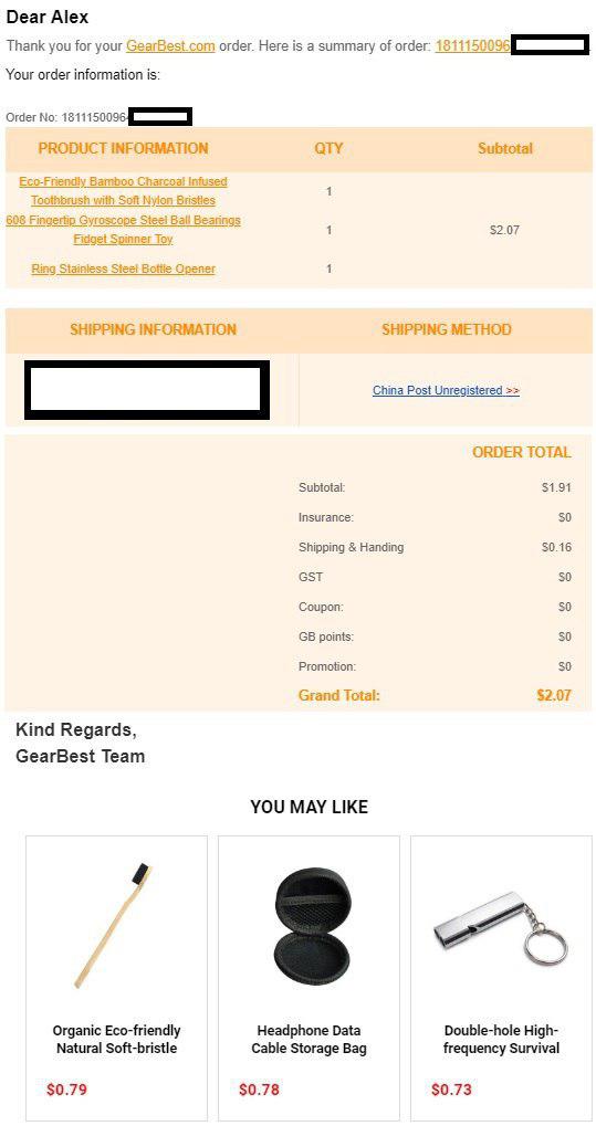 Order confirmation email Order confirmation email