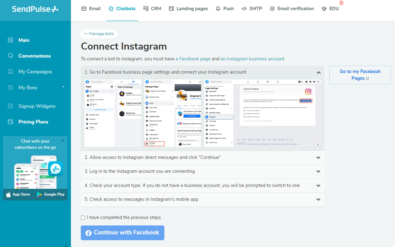 Connect your Instagram account to a Facebook business page Connect your Instagram account to a Facebook business page