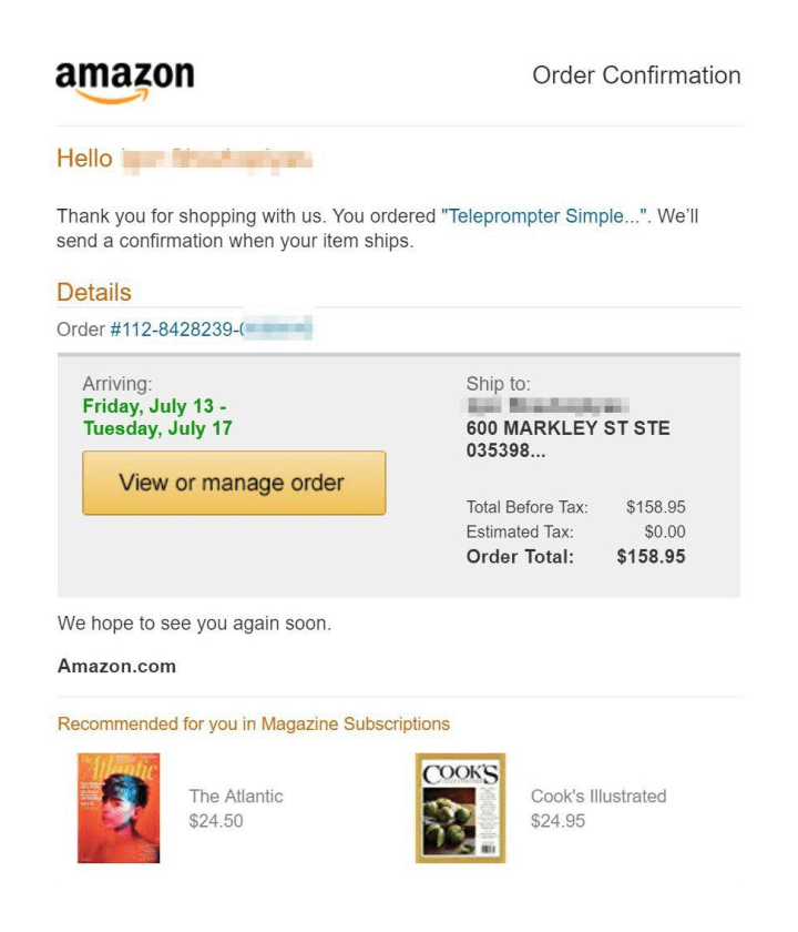 Order confirmation email from Amazon