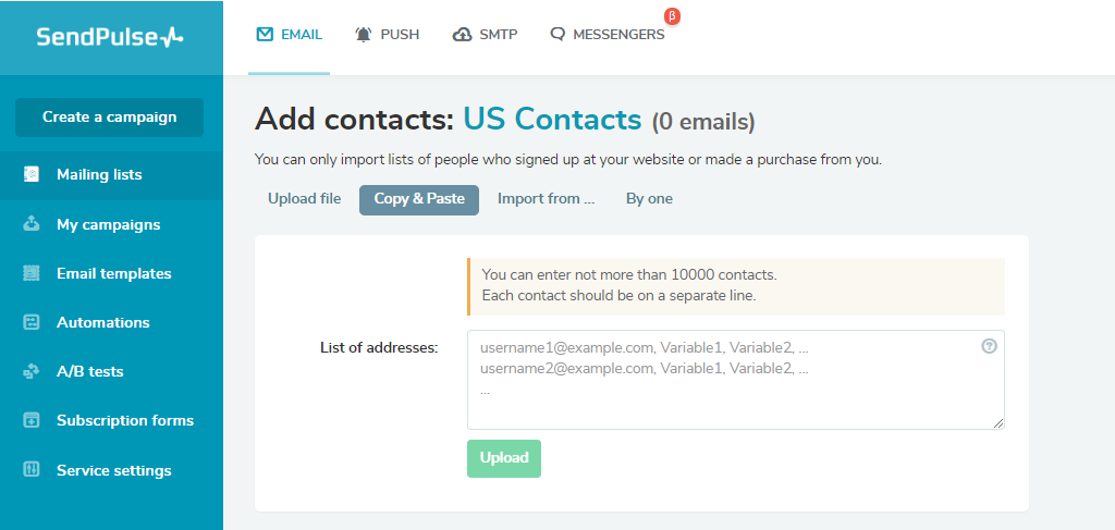 Upload contacts
