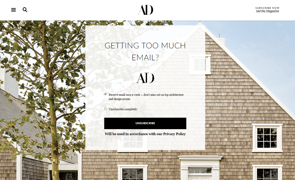 Unsubscribe page by Architectural Digest