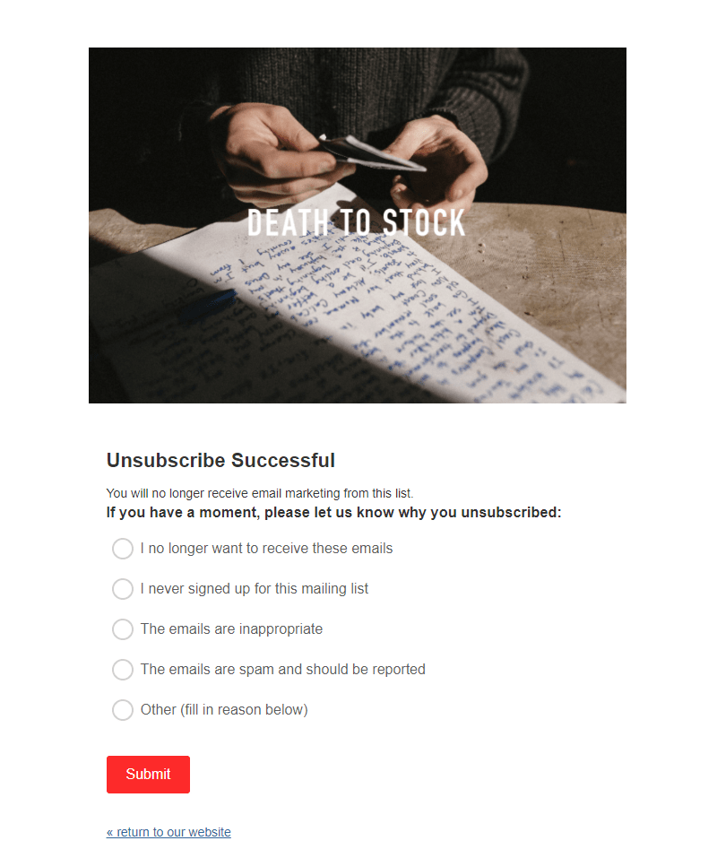 Unsubscribe page by Death to Stock